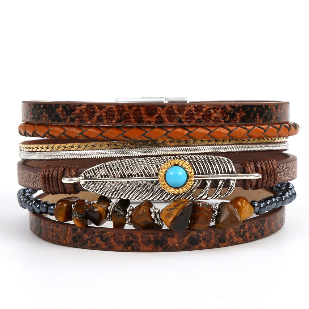 Wholesale Retro Ethnic Style Woven Turquoise Multi-layer Bohemian Magnet Buckle Feather Bracelet